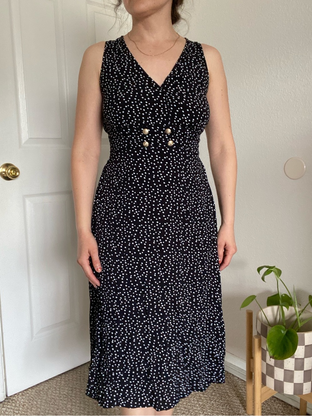 Trixxi Black and White Polka Dot Midi Dress with Gold Buttons